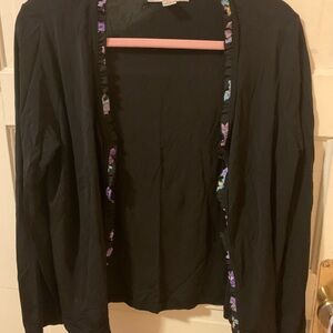 Casual Corner Black Cardigan with Purple Ruffle